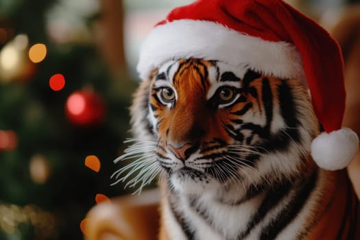 A tiger dressed in a Santa hat is sitting next to a beautifully decorated Christmas tree exuding holiday spirit.