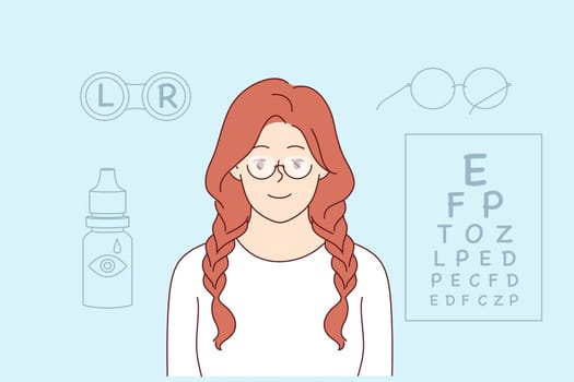 Woman solves vision problems with glasses or contact lenses and stands near ophthalmology table. Girl visitor to ophthalmology office smiles, rejoicing at opportunity to get rid of myopia