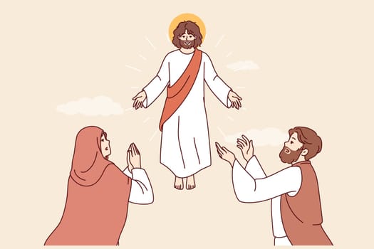 Second coming of Jesus from christian religion makes believers pray, watch flight of god. Praying young man and woman see Jesus , through reading bible and going to catholic church