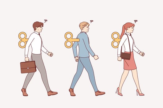Business people puppets march in formation, thanks to mechanism for filling them with energy. Corporate weak-willed puppets with lack of ambition are completely subservient to manipulators