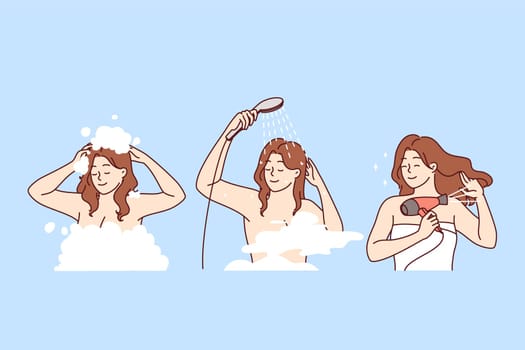Woman washes head and takes care of hair using high-quality shampoo in shower and electric hairdryer. Hair care to avoid dandruff and alopecia, which negatively affect your appearance or well-being