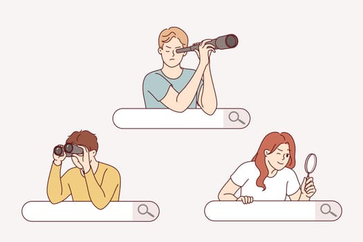 People search on internet, using binoculars or magnifying glass, looking out from behind search bar. Journalists conduct investigations collecting important information using osint technique