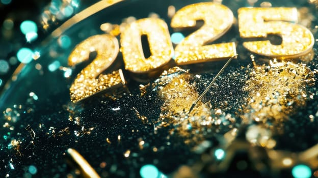 A close up of shimmering numbers for the year 2025 surrounded by glittering particles indicating the arrival of the New Year.