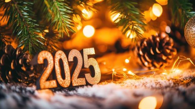 The festive setting features the year 2025 surrounded by cozy lights pine cones and Christmas tree branches evoking holiday warmth.