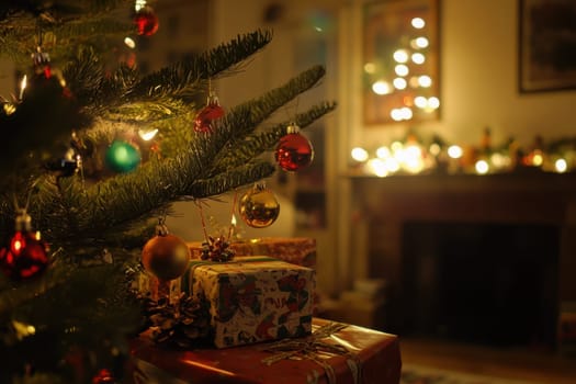 A beautifully decorated Christmas tree adorned with colorful ornaments stands beside wrapped gifts creating a warm holiday atmosphere.