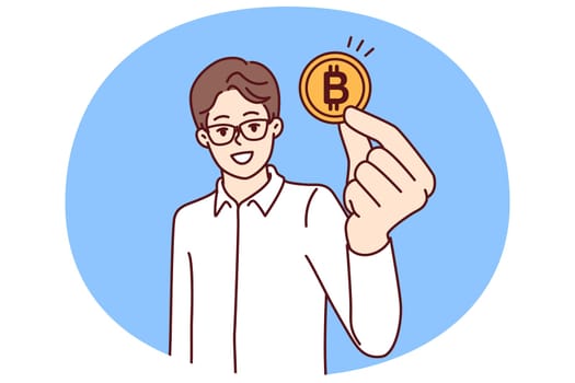 Man trader with bitcoin coin calls for mining or investing in cryptocurrency and blockchain technology. Guy in glasses and formal wear recommends buying bitcoin money for anonymous or secure payments
