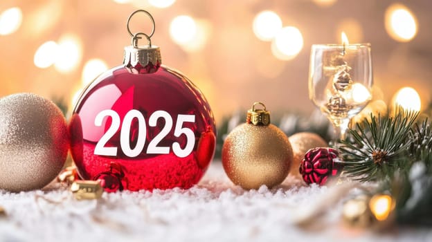 A vibrant red ornament displaying the year 2025 rests on white snow surrounded by golden decorations and warm candlelight.