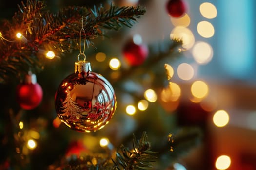 A sparkling red ornament hangs from a Christmas tree surrounded by colorful lights and a warm cozy atmosphere.