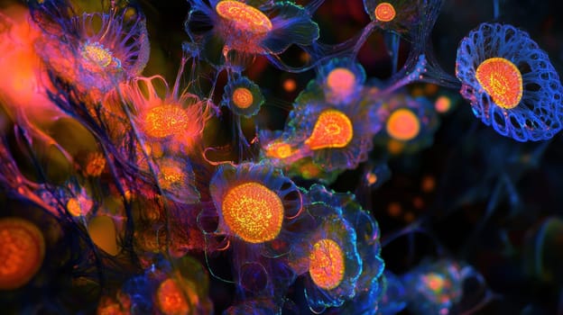 Vibrant microscopic life forms display bright colors and intricate patterns showcasing the beauty of cellular structures in a dark environment.