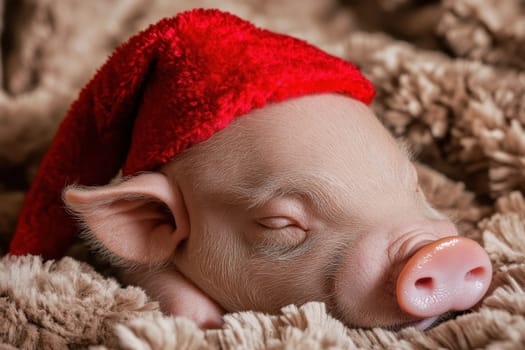 A small piglet with a red hat peacefully sleeps on a soft blanket embodying the warmth of the holiday season.