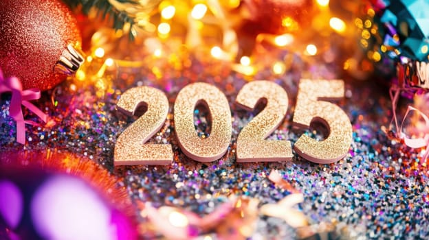 Decorative setup featuring the year 2025 surrounded by colorful ornaments and twinkling lights perfect for New Year festivities.