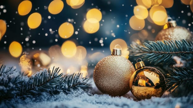 Gold ornaments rest on snowy branches surrounded by warm twinkling lights during the holiday season.