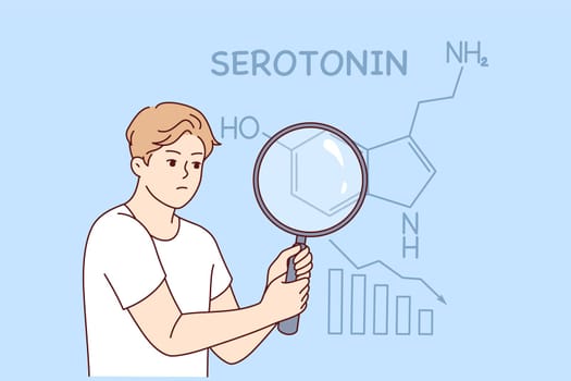 Flaw of hormone serotonin in man holding magnifying glass and suffering from lack of sunlight. Formula of hormone serotonin near guy with change of seasons and onset of cloudy weather