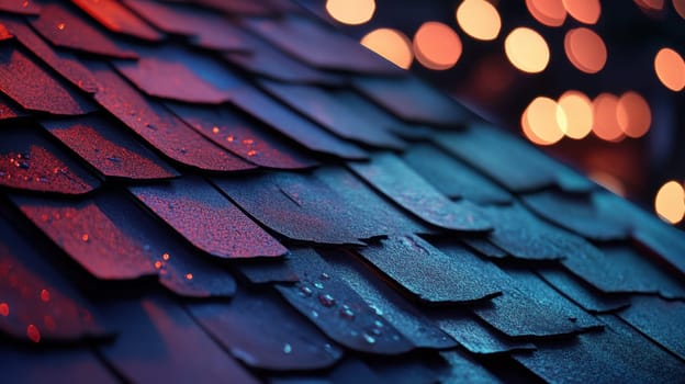 Wet roof shingles reflect soft colors from nearby lights during twilight creating a cozy and inviting atmosphere in the evening.
