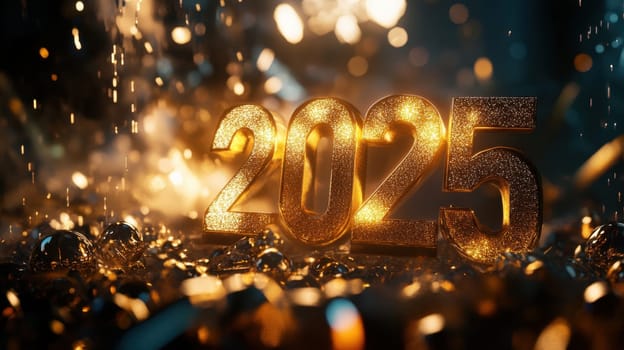 The year 2025 is prominently displayed in golden numbers illuminated by shimmering lights and surrounded by glistening ornaments.