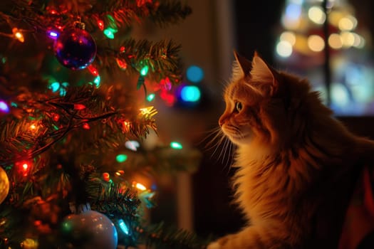 A curious cat gazes at a brightly lit Christmas tree filled with colorful ornaments and twinkling lights in a cozy setting.