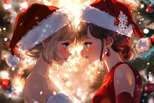Two young women in festive attire smile at each other surrounded by Christmas lights and decorations celebrating the holiday season.