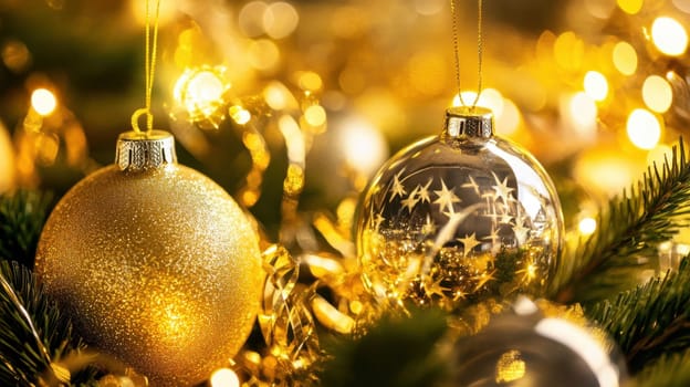Gold and silver ornaments hang from a tree as warm lights twinkle creating a festive atmosphere during the holiday season.