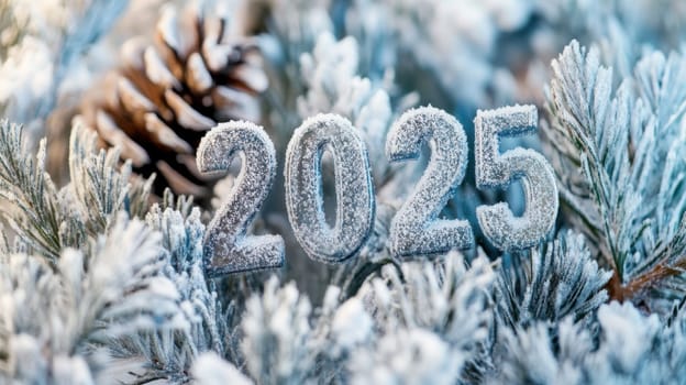 Glittering numbers represent the year 2025 surrounded by snowy pine needles and a pine cone capturing a winter atmosphere.