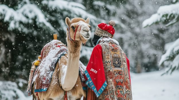 A camel stands beside its handler both adorned in winter attire surrounded by falling snow in a serene forest setting.