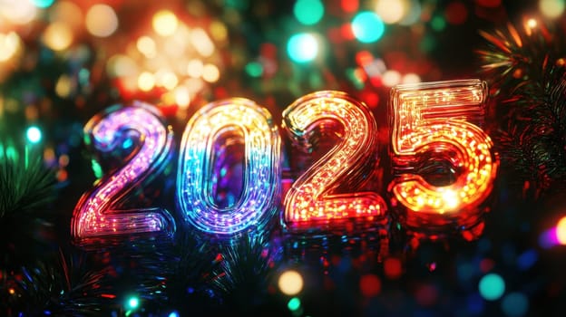 Brightly colored lights signify the arrival of 2025 creating a joyful holiday atmosphere among evergreen branches.