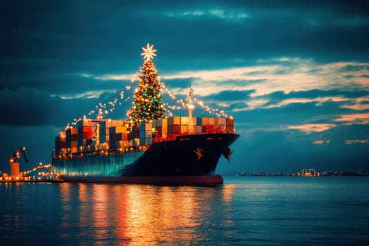 A cargo ship adorned with colorful lights and a Christmas tree gleams in the evening water celebrating the holiday spirit during the festive season.