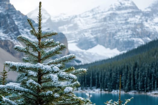 A snow dusted pine tree stands majestically beside a glacial lake surrounded by towering mountains and evergreen forests in winter.