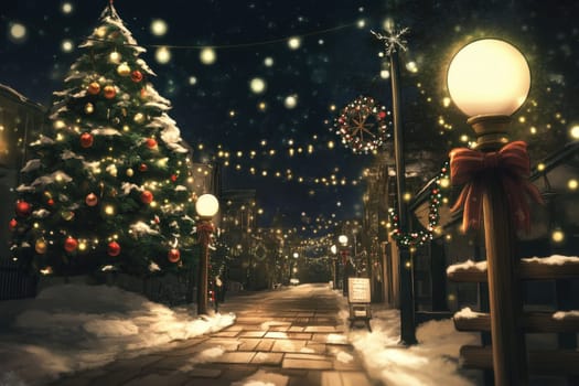 The town square glows with festive lights and a towering Christmas tree creating a warm holiday ambience on a snowy night.