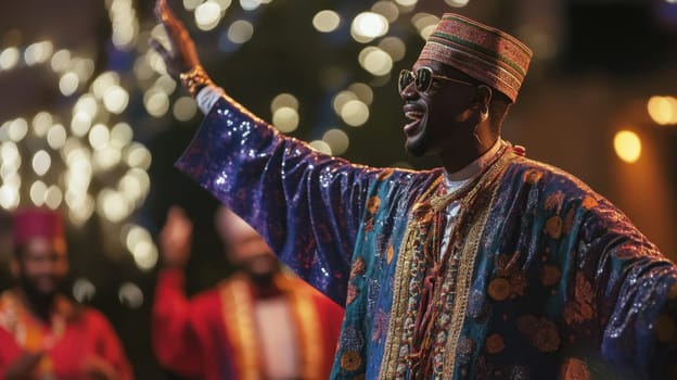 A lively musician sings passionately at a festive gathering surrounded by bright lights and excited onlookers in traditional attire.