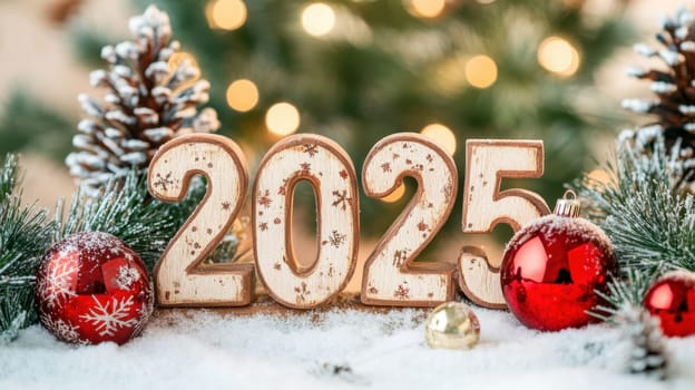 Decorative elements celebrate the arrival of 2025 featuring festive ornaments and greenery surrounding the year on a snowy background.