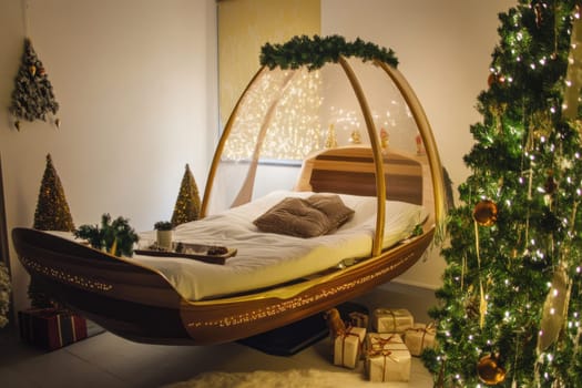 A unique floating bed adorned with festive decorations surrounded by Christmas trees and presents creating a warm holiday atmosphere.