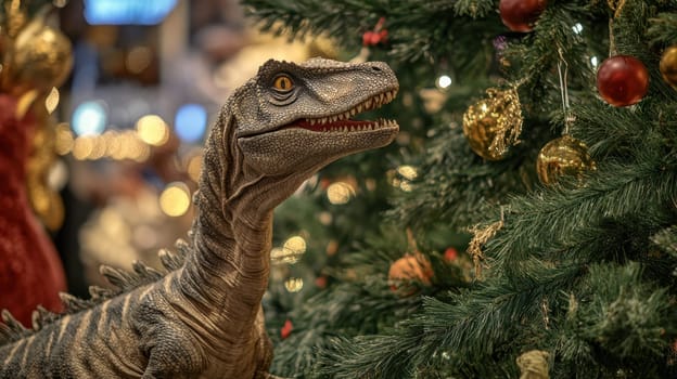 A dinosaur figure stands next to a decorated Christmas tree surrounded by colorful ornaments and warm holiday lights during the festive season.