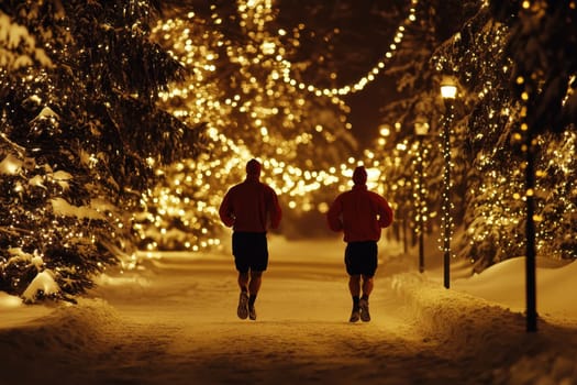 Two individuals jog along a snow covered pathway adorned with holiday lights on a winter night creating a cheerful atmosphere.
