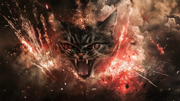 A dramatic representation of a cat with an intense expression emerging from colorful explosions and smoke capturing fierce energy and creativity.