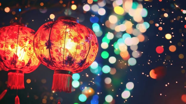 Chinese lanterns illuminate the night surrounded by vibrant bokeh lights creating a joyful atmosphere for the festival.