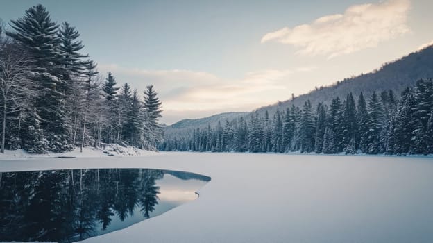 A serene winter landscape featuring a snow covered lake surrounded by snow dusted trees and distant mountains under a cloudy sky.