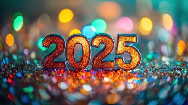 Brightly colored decorations showcase the year 2025 creating a festive atmosphere for New Year celebrations.