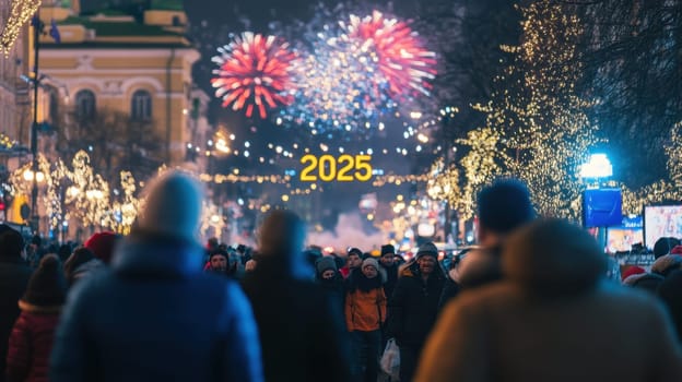A bustling crowd enjoys vibrant fireworks marking the arrival of 2025 amidst festive decorations and lights at a lively celebration.