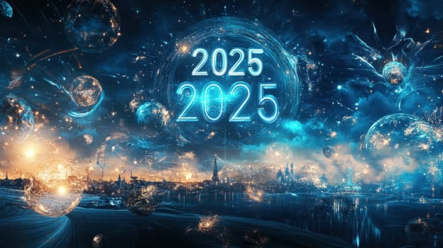 A vibrant cosmic landscape showcases glowing orbs and bright light formations highlighting the year 2025 in a futuristic setting.