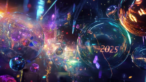 A vibrant abstract composition features colorful orbs with the number 2025 emanating a futuristic and celebratory atmosphere.