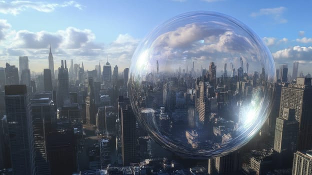 A massive bubble floats above a vibrant city skyline reflecting buildings and clouds during the day creating a surreal atmosphere.
