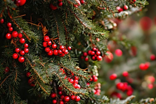 Bright red berries cluster among evergreen branches showcasing the rich greenery and festive atmosphere of winter.