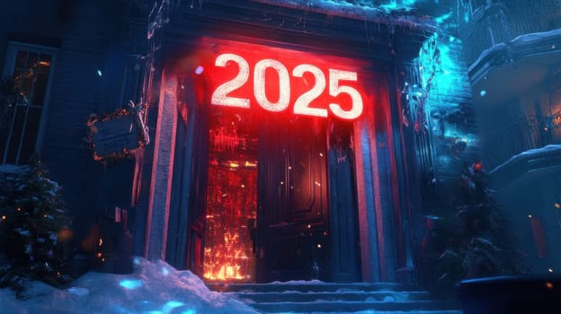 A vibrant entrance adorned with sparkling lights welcomes the new year 2025 surrounded by snow and festive decorations.
