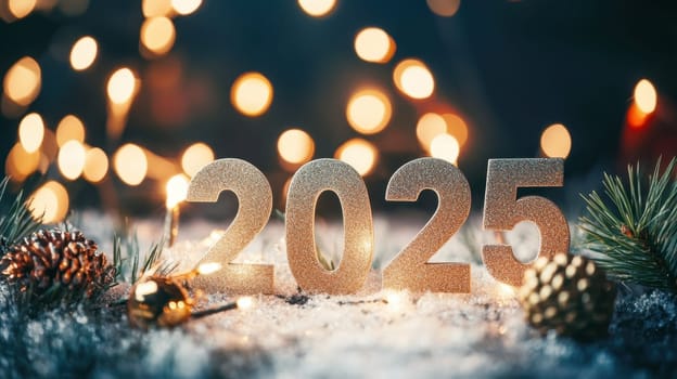 The shimmering numbers 2025 rest on a snowy surface adorned with pine branches and warm glowing lights creating a celebratory atmosphere.
