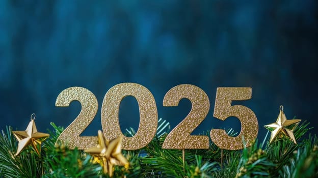 Golden numbers 2025 are adorned with holiday stars and surrounded by evergreen branches signifying the joy of new beginnings in winter.