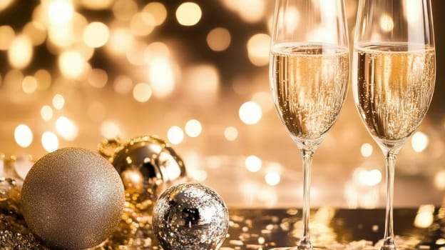 Two flutes of sparkling wine sit on a festive table adorned with gold and silver ornaments celebrating the joy of New Years Eve.