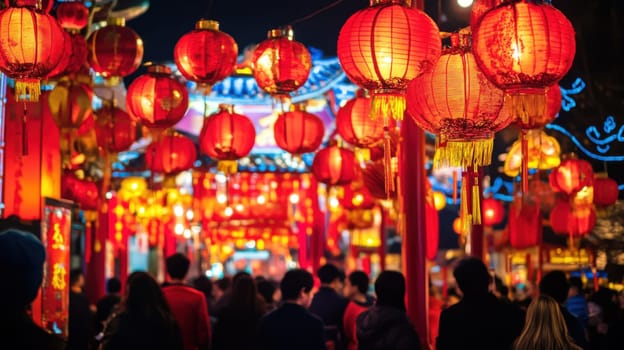 Crowds enjoy the colorful lantern festival illuminated by red lanterns creating a festive atmosphere on a lively city street at night.