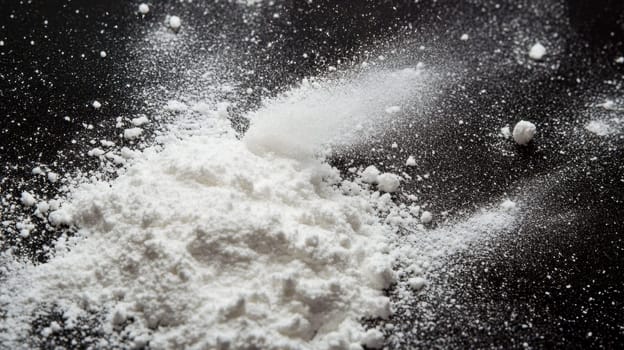 A fine white powder is scattered across a black surface showcasing its texture and contrast in a visually striking arrangement.