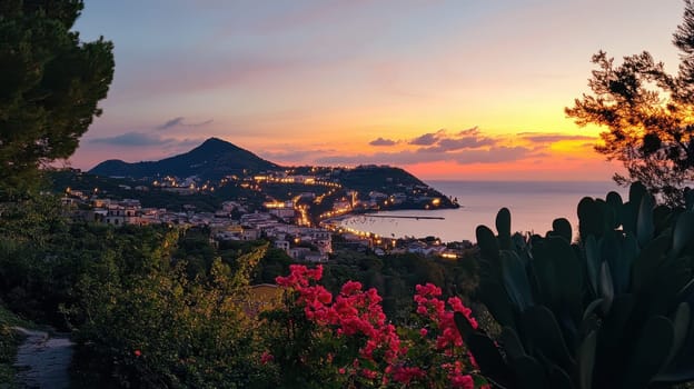 A stunning sunset illuminates a coastal town showcasing vibrant flowers and distant hills while the sky transforms into warm hues.