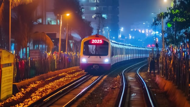 A train approaches amidst city lights traveling along tracks at night surrounded by modern buildings and palm trees.